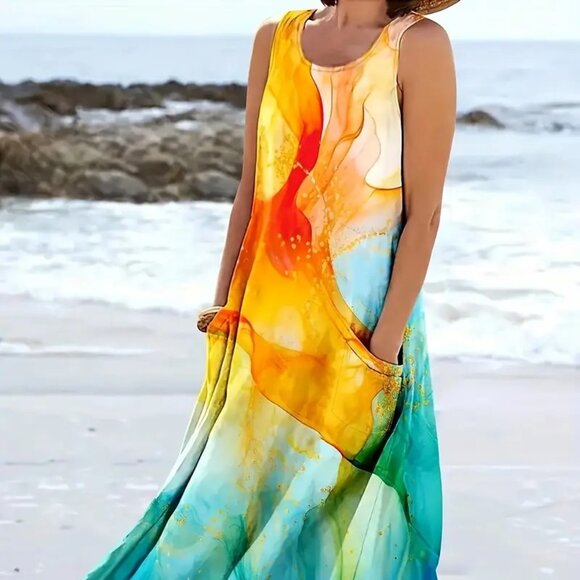 Women Plus Size Floral Print Tie Dye  Summer Vacation Beach Tunic Midi Dress 16W - Picture 1 of 11